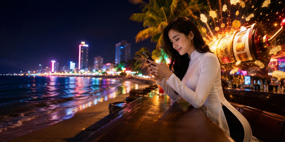 Người phụ nữ mặc áo dài tại Quy Nhơn trải nghiệm trò chơi slots trực tuyến trên điện thoại
